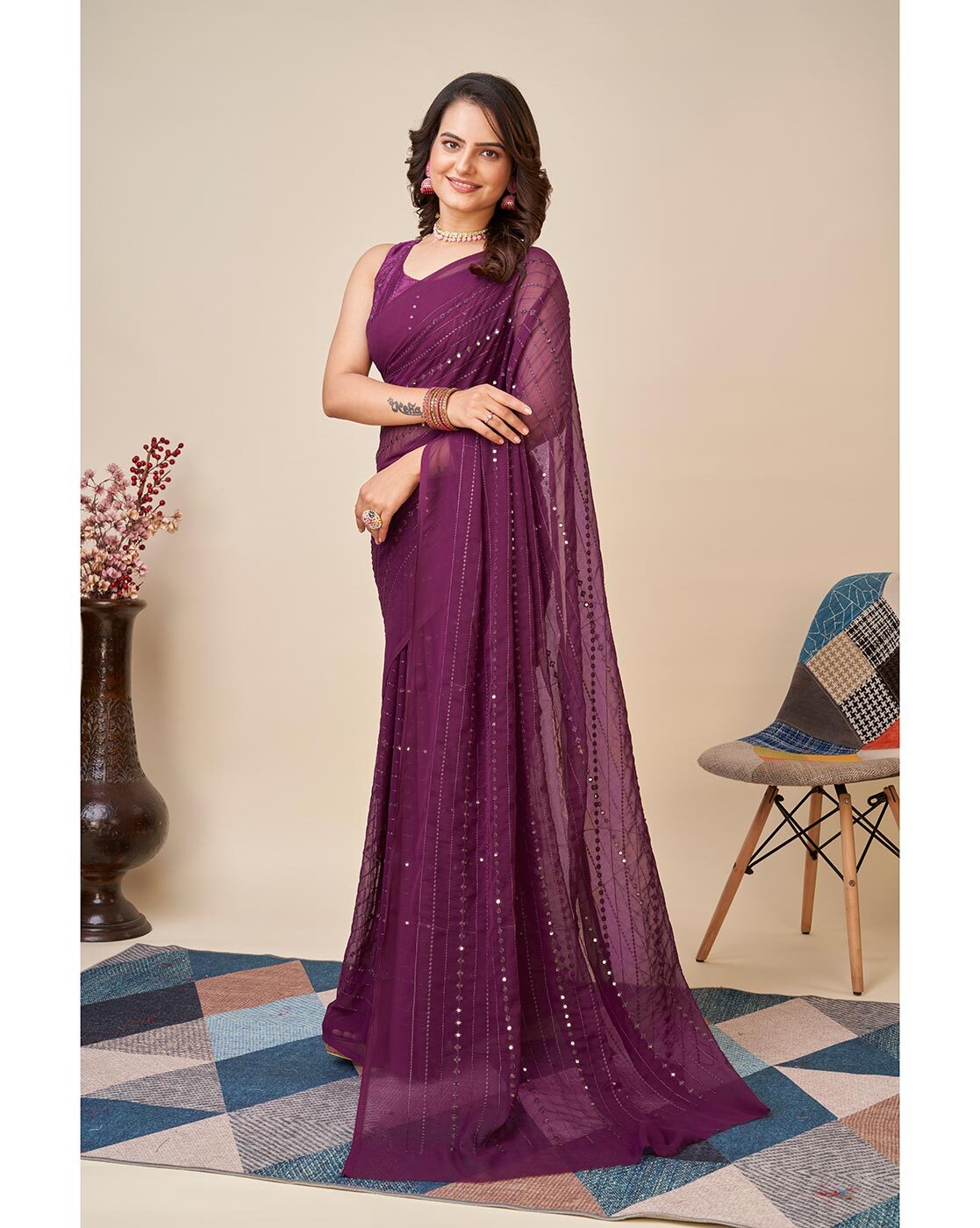 Buy Eggplant Purple Saree Anamika Online hand embriodered | Peeli Dori