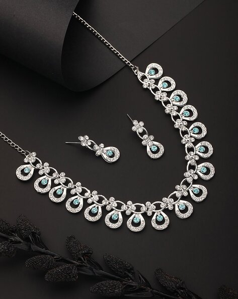 Premium Green Diamond Silver plated Necklace Set