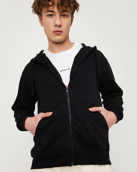 Buy OHOO Mens Slim Fit Long Sleeve Lightweight One-Tone Zip-up Hoodie with  Kanga Pocket/DCF102-BLACK-S at Amazon.in