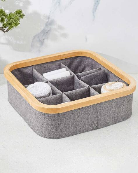 Evideco Gray Cotton Pad and Q-Tip Holder Padang with Bamboo Top - Organize in Style, Bathroom Vanity Organizer