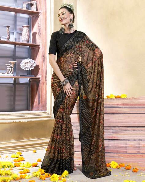 Buy Black And White Satin Crepe Saree online-Karagiri