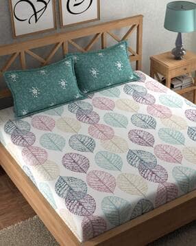 chhavi india 210 TC Leaf Print Fitted Double  Bedsheet with Pillow Covers-picture-14