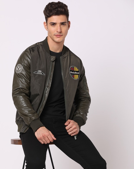 ASOS DESIGN faux leather zip front bomber jacket in black | ASOS