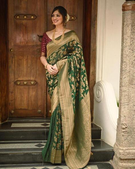 Sage Green Woven Banarasi Silk Saree with Pastel Pink Blouse – SHE IN SAREES