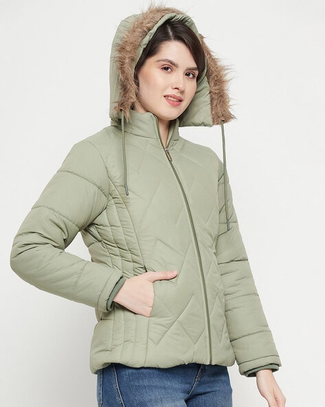 Womens green jacket on sale with fur hood