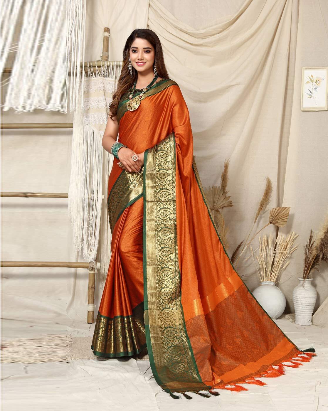 Brown Rust Satin Tissue Nylon Handloom Weaving Saree – RawaazFashion