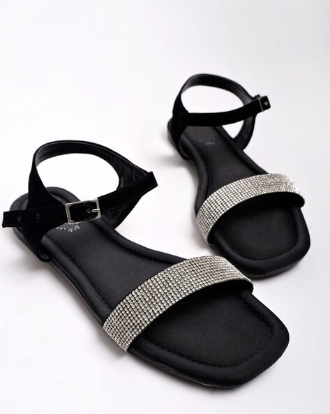 Black wide fit embellished heeled sandals | River Island