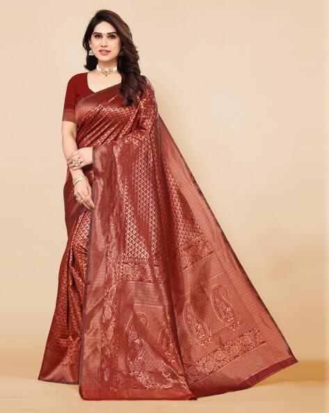 Maroon and Copper color kanchi pattu handloom saree with all over small  buties design -KANP0001360