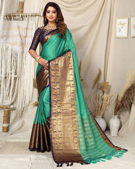 Buy Traditional Wear Bottle Green Zari Work Silk Saree Online From Surat  Wholesale Shop.