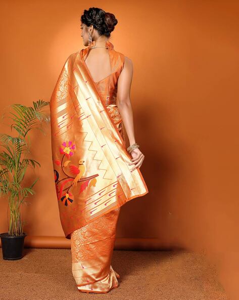 Buy Dhun ~ Authentic Handloom Cotton Paithani - Red and Golden with 3  Parrots Pallu - Very Much Indian – verymuchindian.com