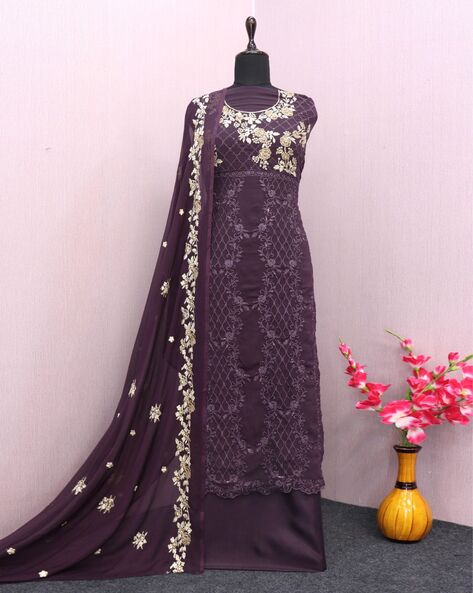 Embroidered 3-Piece Semi-Stitched Straight Dress Material Price in India