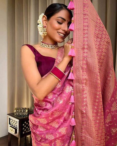 Buy Onion Pink Swarovski Semi Crepe Designer Saree - Koskii