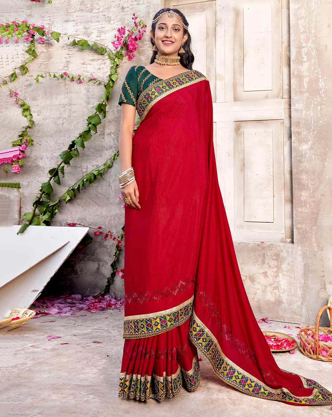 All red hand embroidered tiered sari set – Arpita Mehta Official