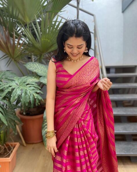 Vishal Prints Hot Pink And Turquoise Silk Weaving Saree With Zari Bord
