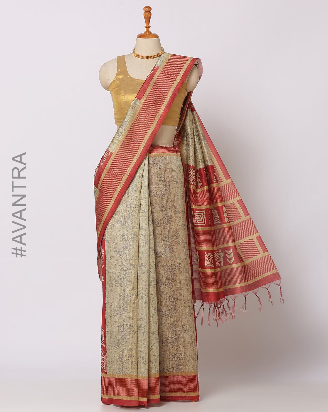 Cream kalamkari-inspired digital printed tusser silksaree features floral  vine,zari border & intricate floral jaal pallu