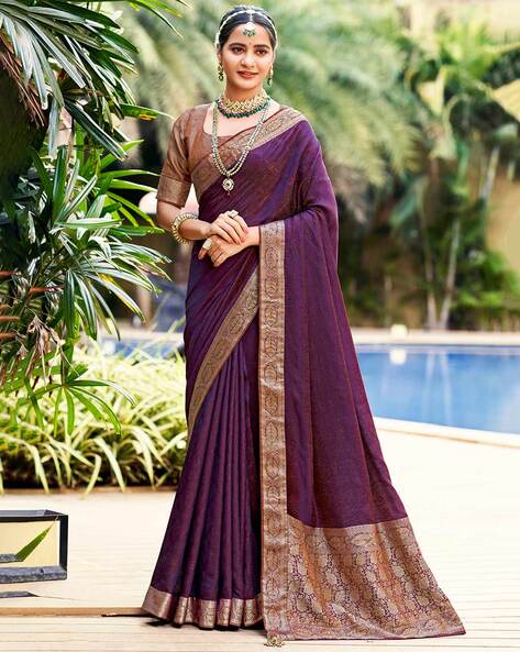 Dark purple plain satin saree with blouse - Keshav Creation - 3748837