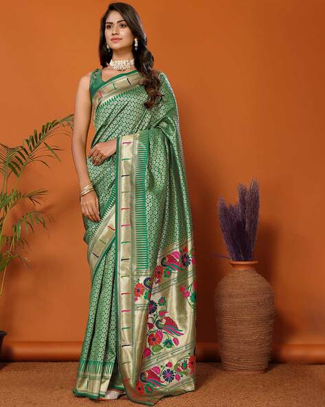 Teal Green Handcrafted Brasso Muniya Paithani Saree