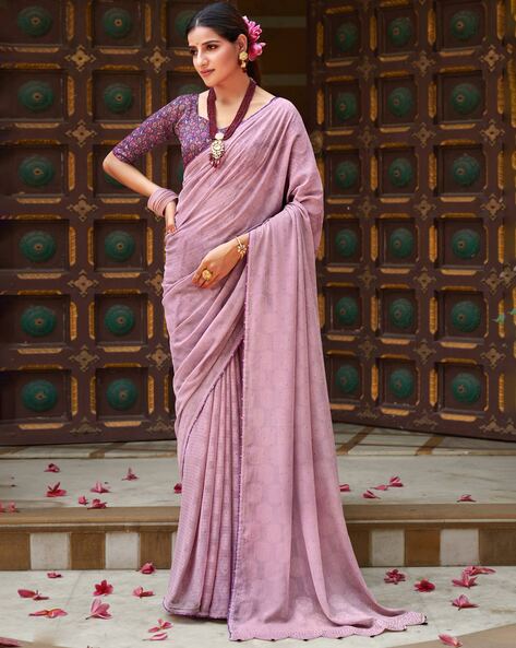 Cherry Blossoms on Mauve Chiffon Saree – Picchika