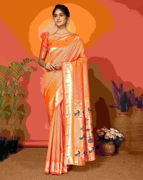 Orange Maheshwari Silk Handloom Cotton Saree with Pink Border | Shop Online