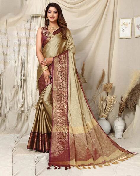 Party Wear Brown Color Art Silk Fabric Designer Weaving Work