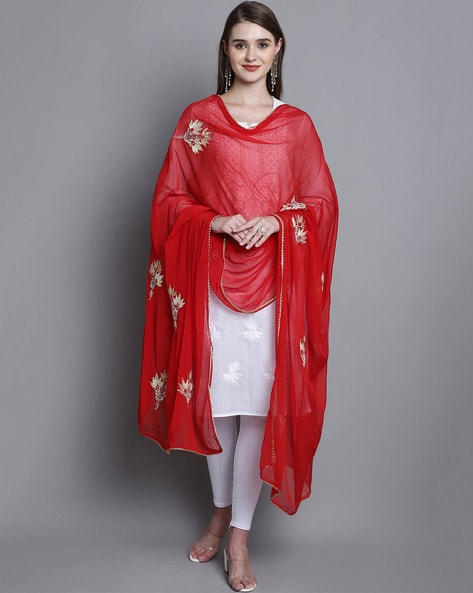Embroidered Dupatta with Lace Border & Tassels Price in India