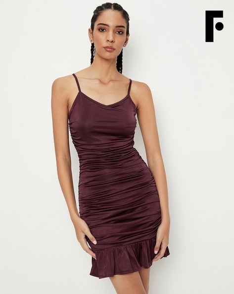 Plum Long Sleeve Ruched Bodycon Dress by AX Paris | Look Again