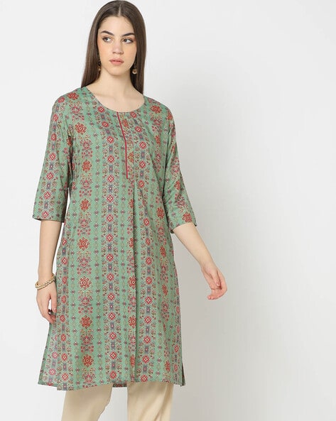 FUSION Women Printed Straight Kurta (Green)