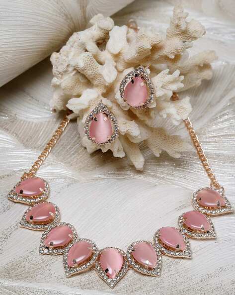 Pink American Diamond Necklace set with Earrings - Wedding Gift - Avra Pink  Necklace Set by Blingvine