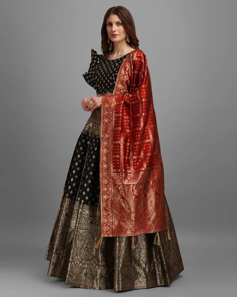 Exclusive Black Cotton Silk Lehenga with Red Delicate Embroidery combi –  Sujatra