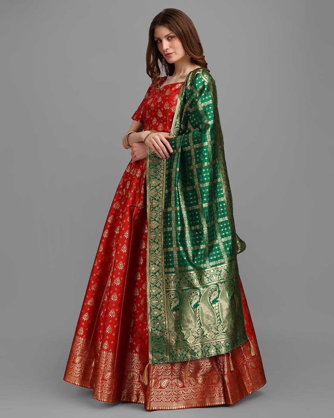 Buy Dark Green Banarasi Silk Jacquard Woven Lehenga Set Online - KARMAPLACE  — Karmaplace