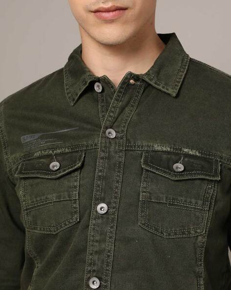 Men's Olive green Cotton Solid Denim Jacket