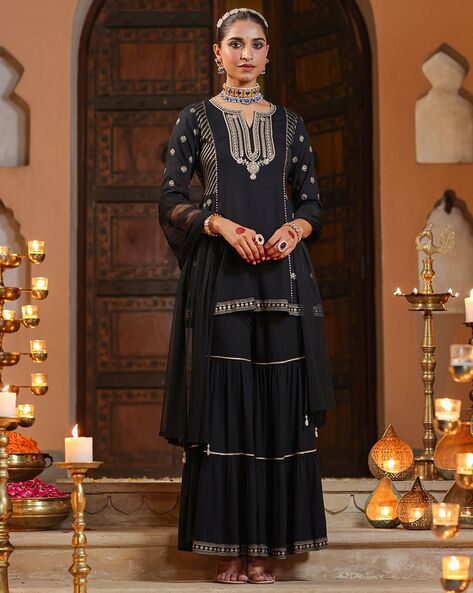 Black Color Georgette Sharara Suit With Beautiful Embroidery Work and  Dupatta in USA, UK, Malaysia, South Africa, Dubai, Singapore