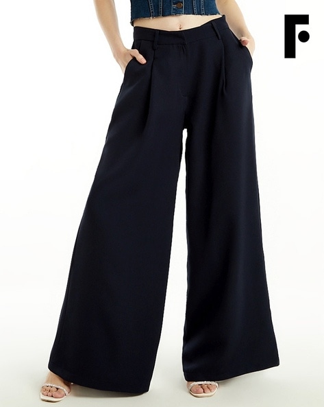 Pleated Wide Leg Women's Trouser Pants - Black