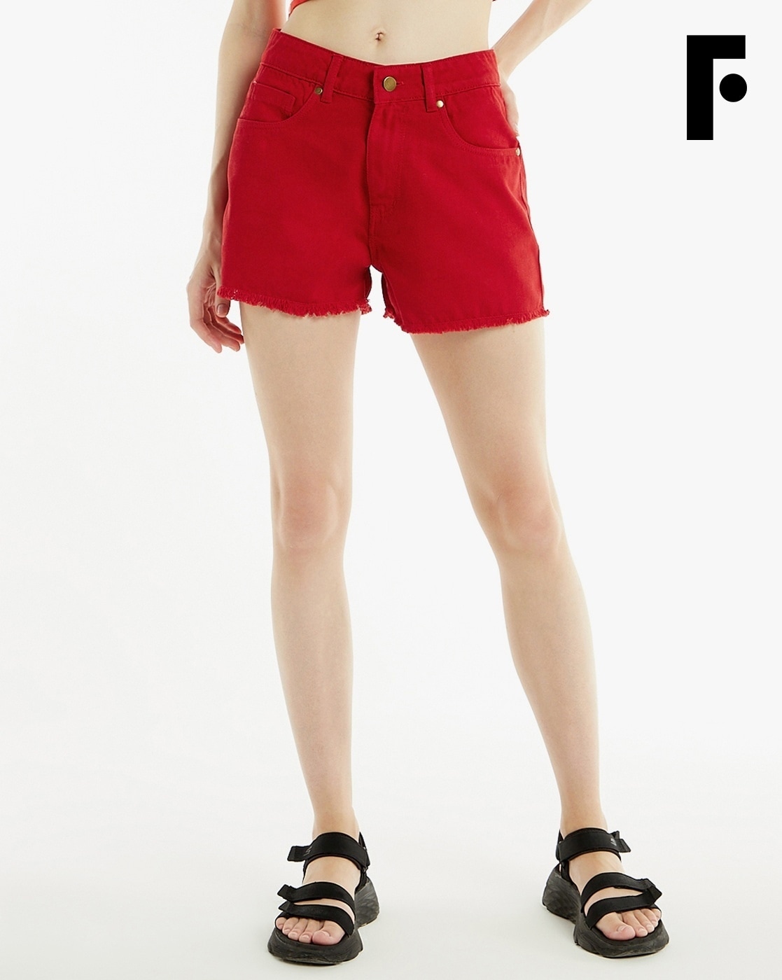 FOUNDRY Denim Shorts with Frayed Hems For Women (Red, 30)