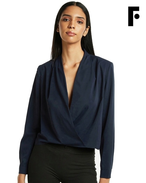 Buy online Navy Blue Solid Wrap Top from western wear for Women by Showoff  Plus for ₹999 at 65% off