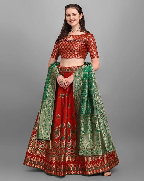 Buy HALFSAREE STUDIO Women Red and Green Banarasi Silk and Net Lehenga with  Unstitched Blouse and Dupatta Online at Best Prices in India - JioMart.