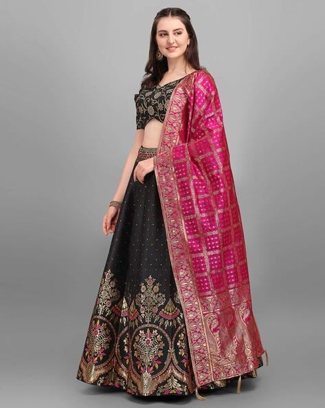 Buy Black and Pink Embroidered Semi-stitched Lehenga & Unstitched Blouse  With Dupatta Online in India - Etsy