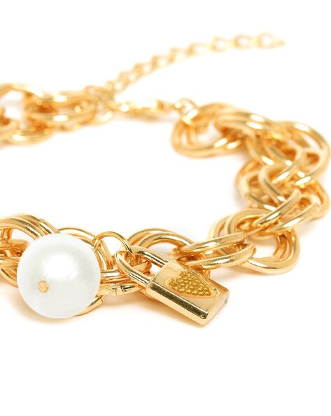 OOMPH Golden Tone Stylish Latest Link Chain Heart Charm Bracelet for Women