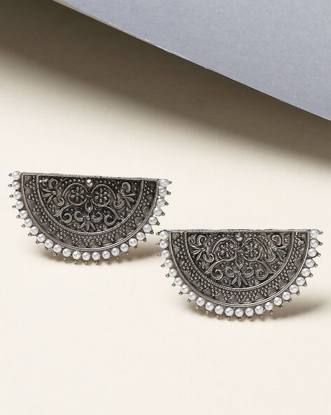 Ethnic Oxidised Hook Earrings Featuring Round White Pearl Droplets - Pure  Pearls