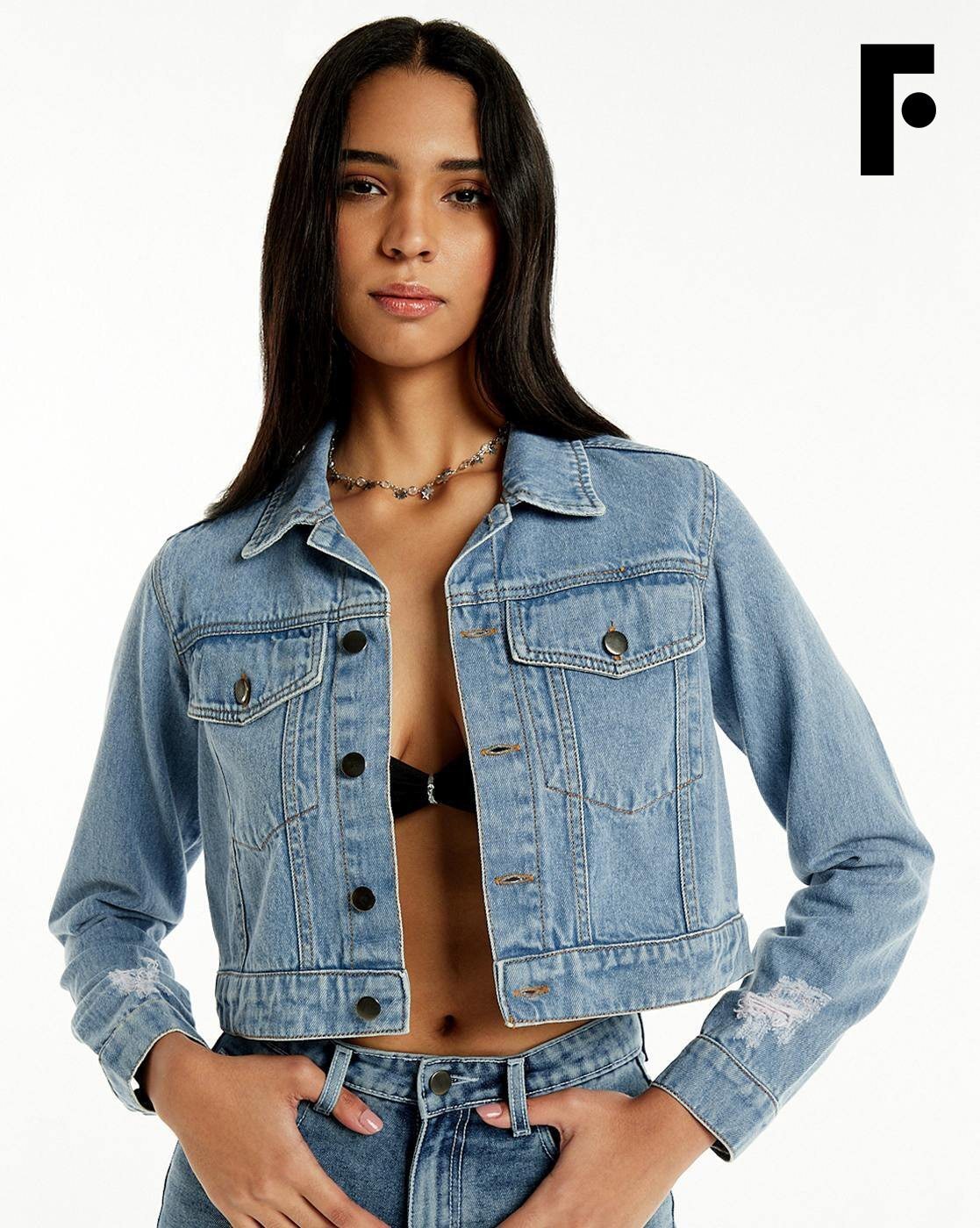 Buy online Light Blue Solid Cropped Denim Jacket from jackets and blazers  and coats for Women by Fck-3 for ₹1399 at 53% off | 2024 Limeroad.com