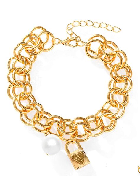 OOMPH Golden Tone Stylish Latest Link Chain Heart Charm Bracelet for Women