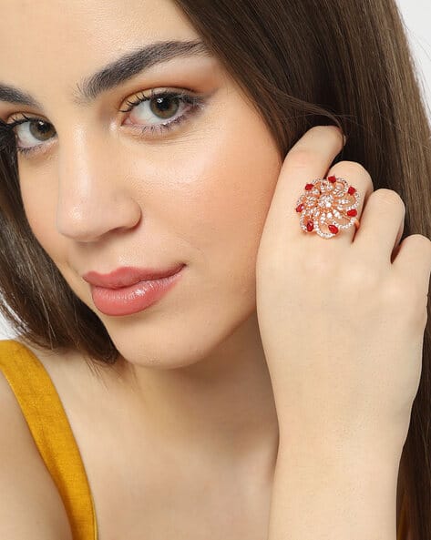 MATCHITT Gold-Plated Stone-Studded Brass Ring - RG1288
