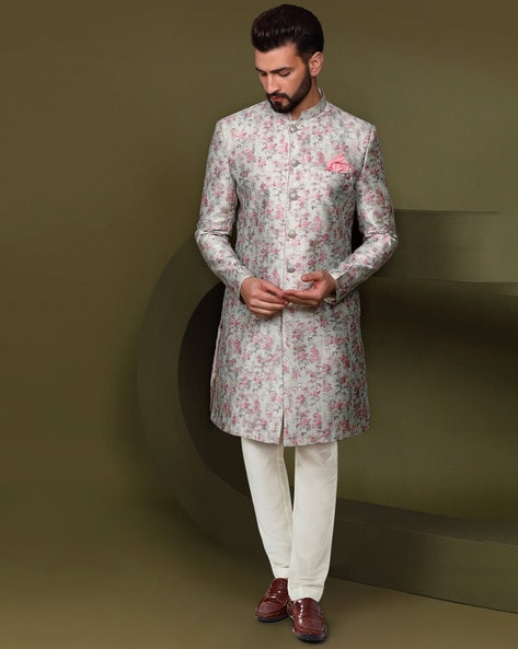 KISAH Men Floral Woven Sherwani &amp; Pyjamas Set