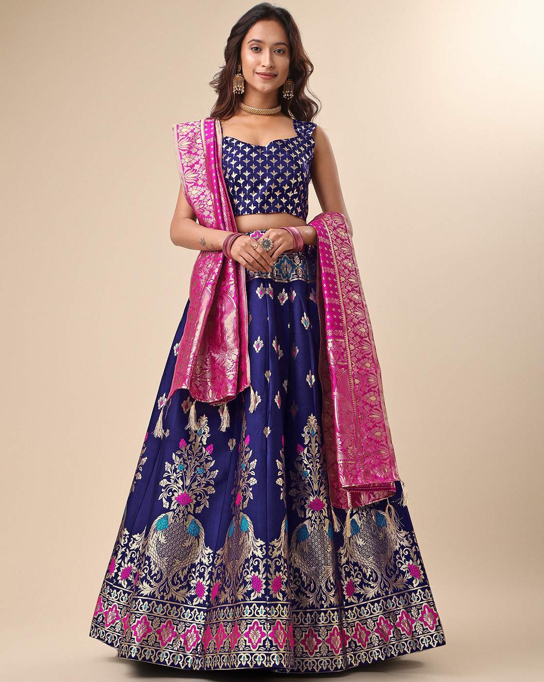 Navy Blue Banarasi Silk Lehenga Choli In Woven Work 2372LG04