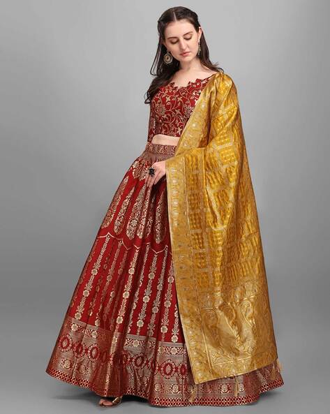 Yellow Maroon Combination Lehenga Choli