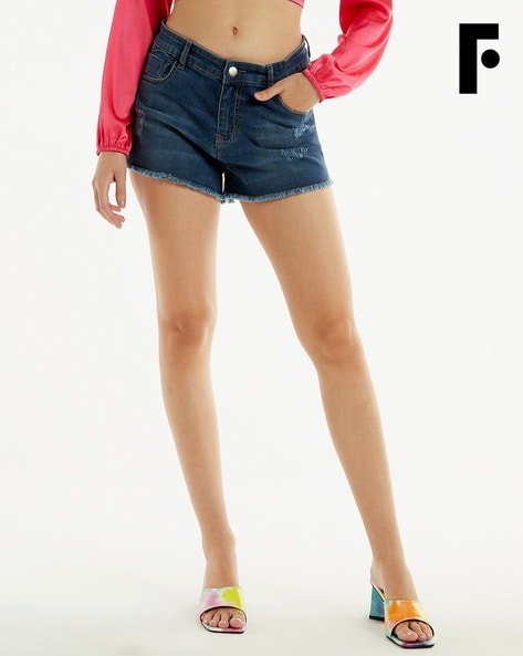 Buy MIXT by Nykaa Fashion Black High Waist Ripped And Frayed Denim Shorts  online