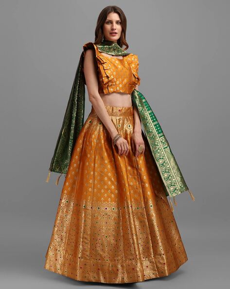 Inara Jaipur Chanderi Floral Print Lehenga Set | Yellow, Floral, Chanderi,  V Neck, Sleeveless | Lehenga, Aza fashion, Yellow lehenga