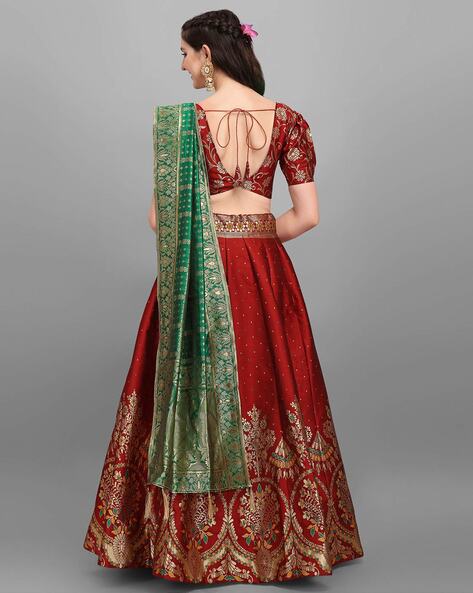 Lehenga Choli Embroidered Velvet in Green and Maroon