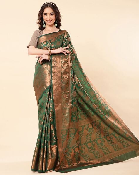 Buy Bottle Green Zari Woven Banarasi Silk Saree Online