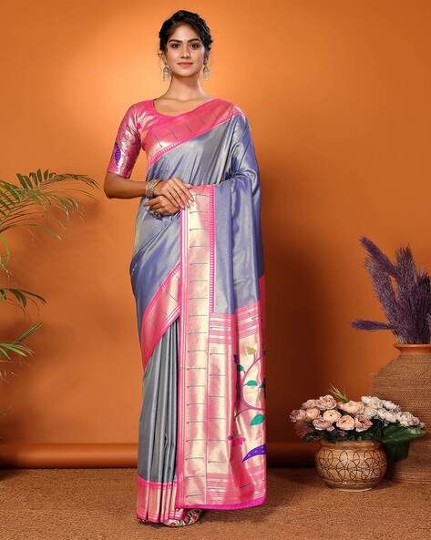 Navy Blue Saree in Paithani Silk - Clothsvilla